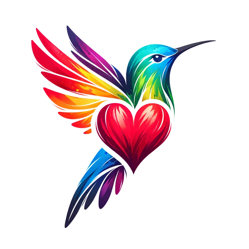 Watercolor rainbow-colored hummingbird with a heart on its chest